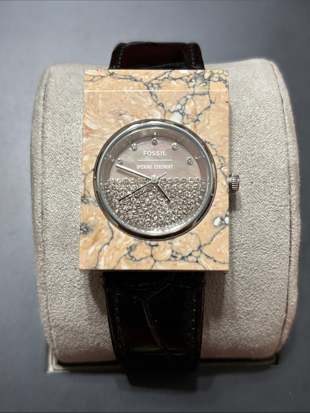 Fossil Silver Crystal Dial Watch with Black Leather Strap